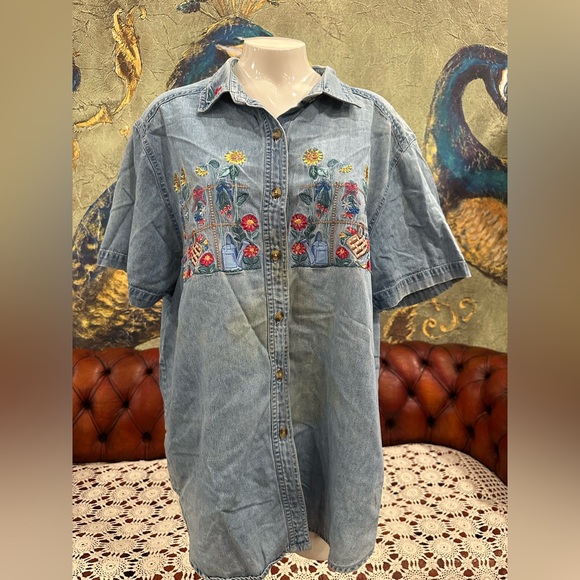 Bobbie Brooks Denim Button Down Shirt with Floral Embroidery - Picture 1 of 9